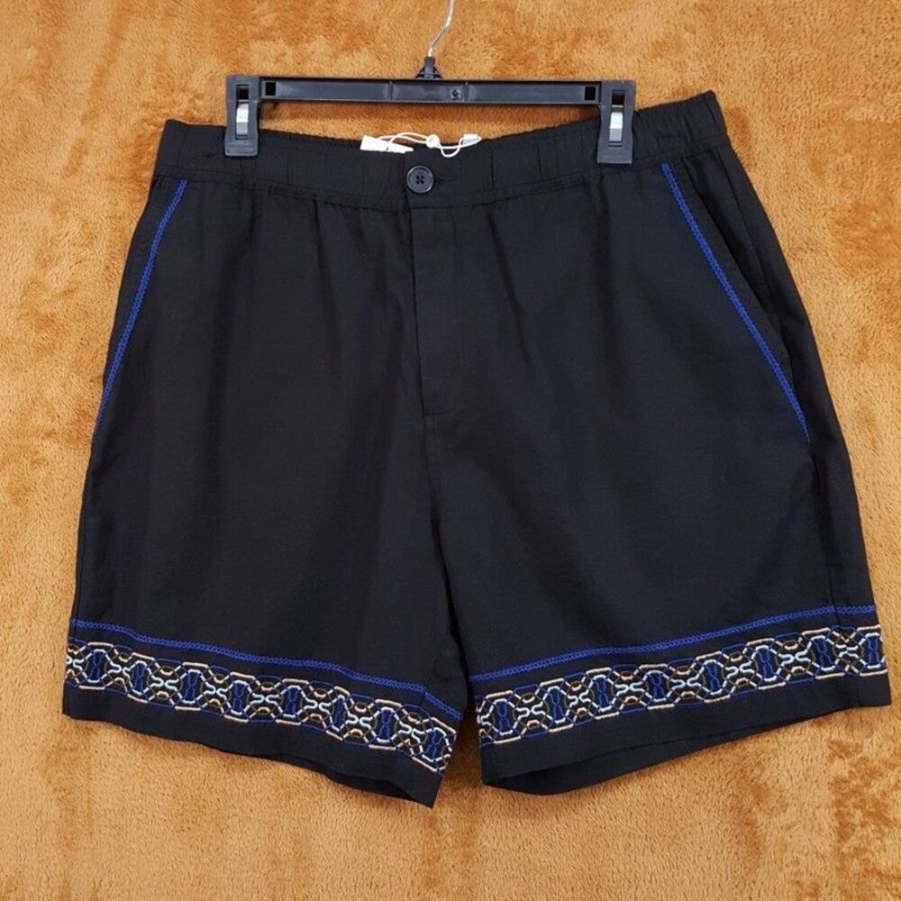 WAX LONDON Shorts Mens Size 34 Black Embroidered Cotton Linen Blend KURT $145